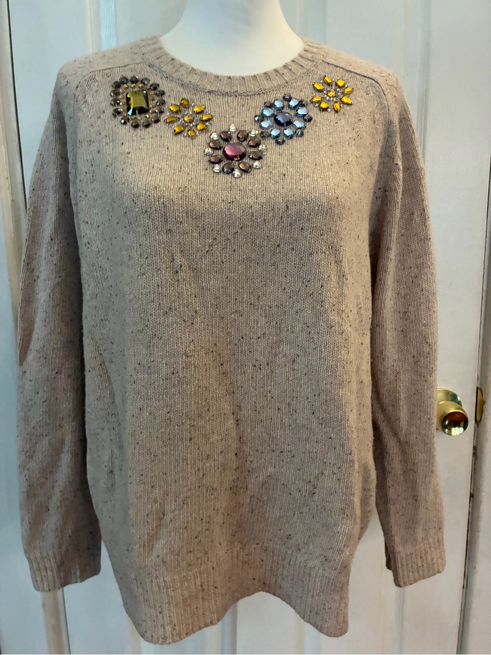 J.Crew Jeweled Donegal Lambswool Blend Pullover Knit Sweater Beige Size XL